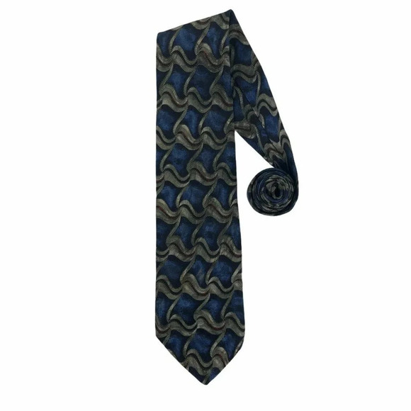 JF J. Ferrar Necktie Men's Long Traditional Blue Gray Wave 100% Silk Wide Width - Picture 1 of 6